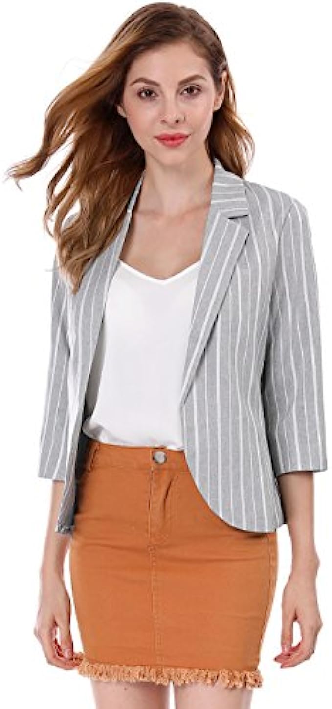 Allegra K Women&#039;s Striped 3/4 Sleeves Open Front Notched Lapel Blazer