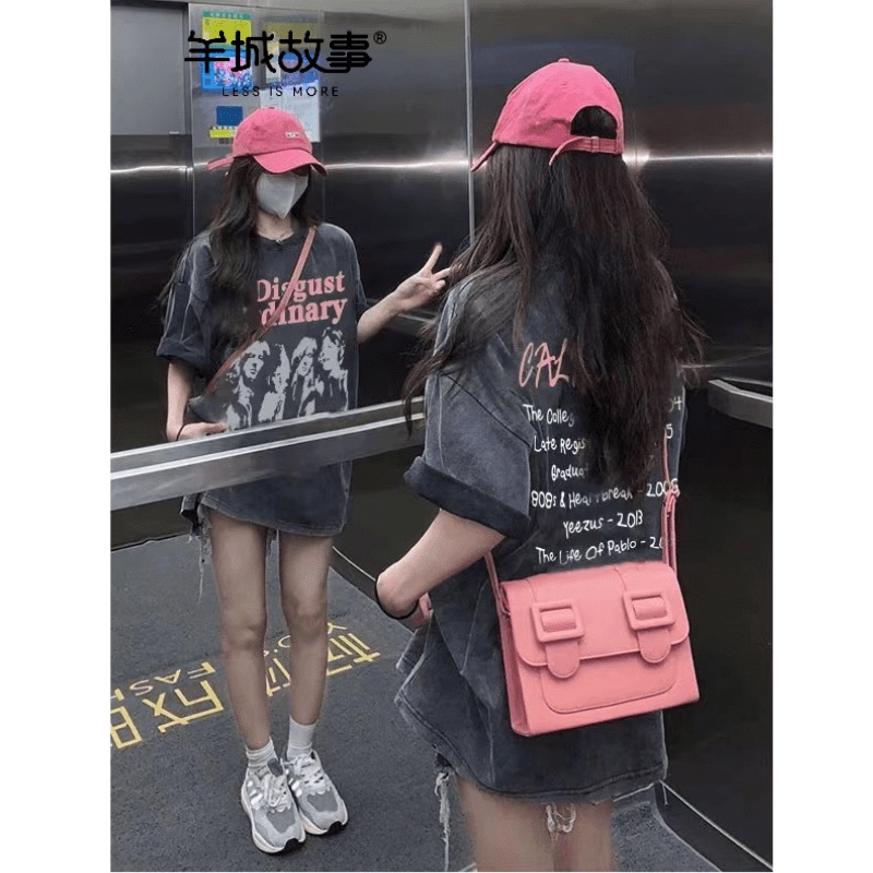 【羊城故事】100%純棉-T恤-短袖上衣-水洗做舊-美式復古上衣-oversize-設計感上衣-短袖-扎染-夏天衣服