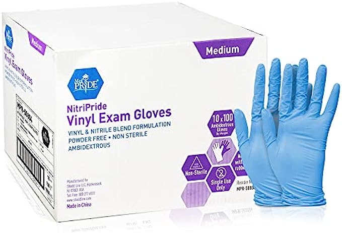 Med PRIDE NitriPride Nitrile-Vinyl Blend Exam Gloves, Medium 1000 - Powder Free, Latex Free &amp; Rubber Free - Single Use Non-Sterile Protective Gloves for Medical Use, Cooking, Cleaning &amp; More