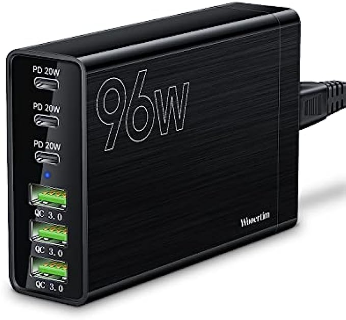 USB C Charger, Wuoertim 96W 6 Port USB C Charging Station, Portable Multiport USB C Wall Charger PD Fast Adapter with 3 USB-C Ports +3 USB-A Ports for iPhone 13 12 Pro Max, iPad Series, Samsung Galaxy