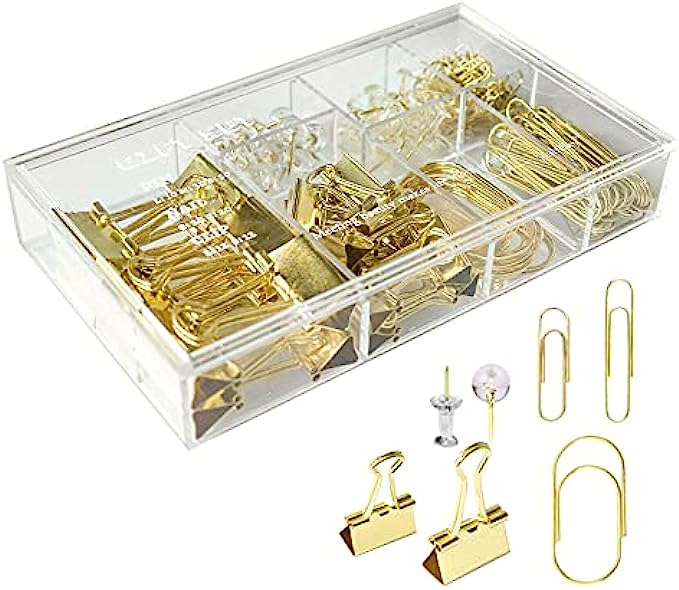 Gold Paper Clips Binder Clips, 154 PCS Luxury Gold Office Supplies Gift Set with Jumbo Paper Clips, Large Small Paper Clamps Binder Clips Clear Push Pins Office School Desk Organizer (Gold)
