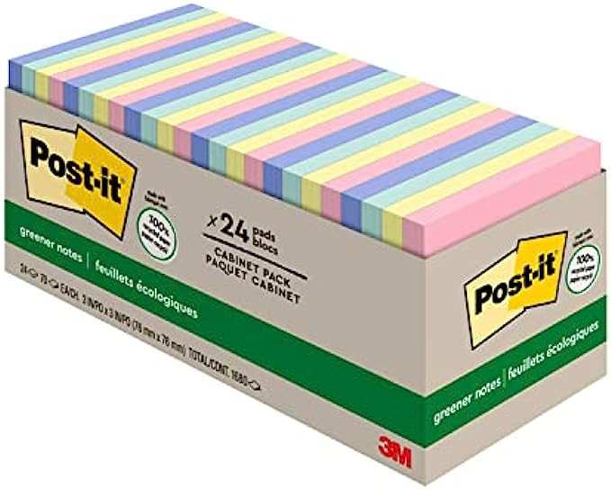 Post-it-Greener-Notes-3x3-in-24-Pads-America&#039;s-#1-Favorite-Sticky-Notes-Sweet-Sprinkles-Collection-Pastel-Colors-Clean-Removal-100%-Recycled-Material-(654R-24CP-AP)
