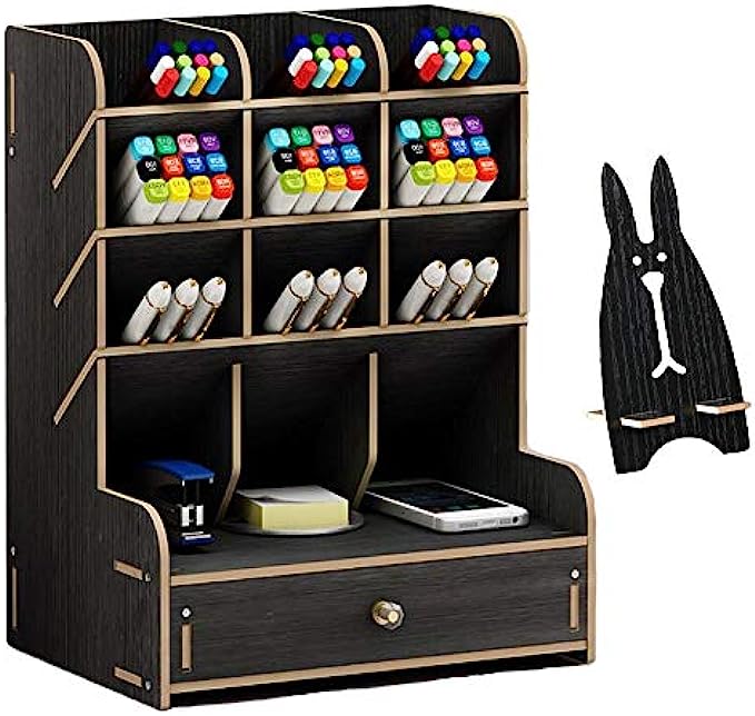 Marbrasse Wooden Pen Organizer, Multi-Functional DIY Pen Holder Box, Desktop Stationary, Easy Assembly, Home Office Art Supplies Organizer Storage with Drawer (B11-Black)