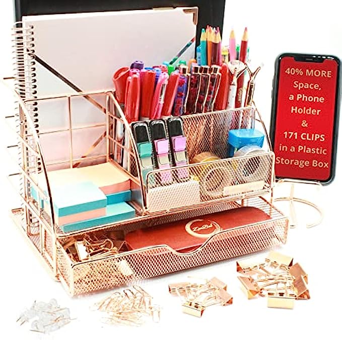 Rose Gold Desk Organizer for Women: Large 7 in 1 Mesh Metal Supplies Organizer with Pen Holders, Folder Holder &amp; Accessories Drawer, a Phone Holder + 171 Clips Set w/ a Plastic Box by OFFICE ALMIG