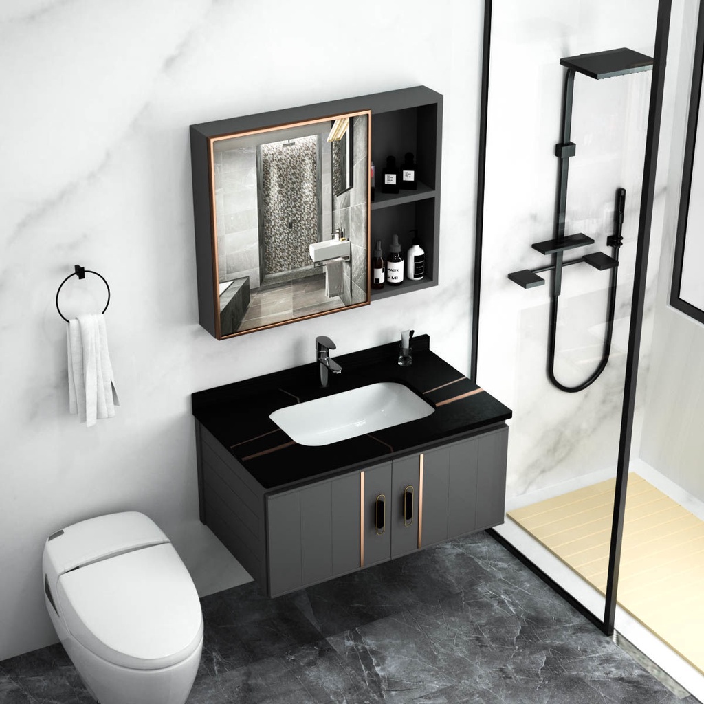{SG Stock}vanity cabinet Aluminum Bathroom Cabinet Basin Set Ceramic Sink with Mirror and Shelf Basin