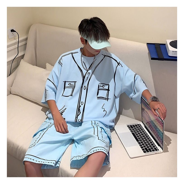 【X-MEN】150kg Graffiti sports suit men&#039;s plus size cargo ice silk short-sleeved two-piece set